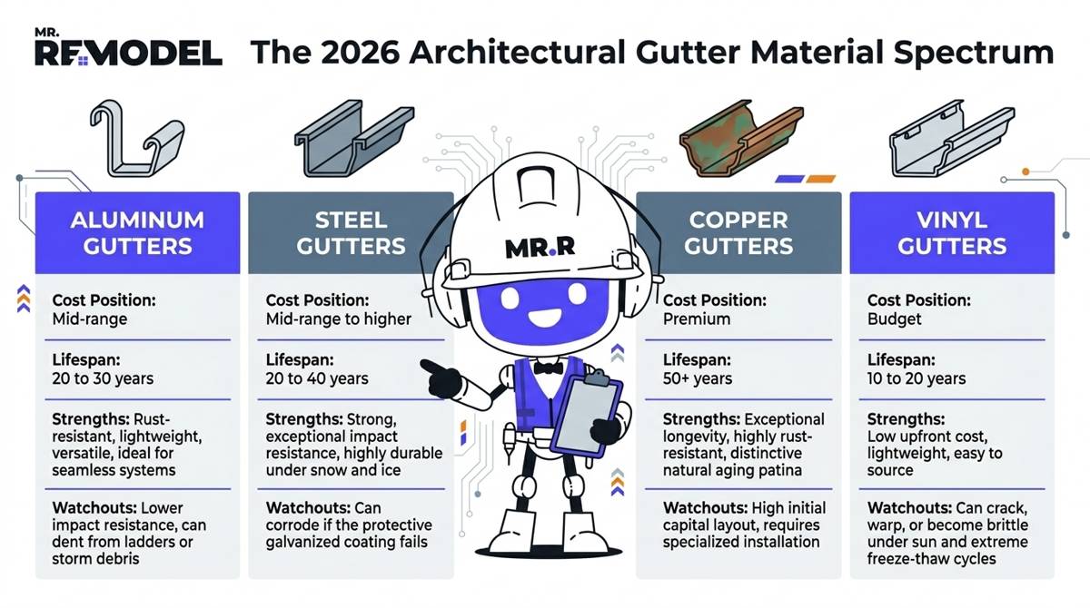 A 2026 gutter material comparison chart highlighting the cost, lifespan, strengths, and watchouts for vinyl (10-20 years), aluminum (20-30 years), steel (20-40 years), and copper (50+ years).